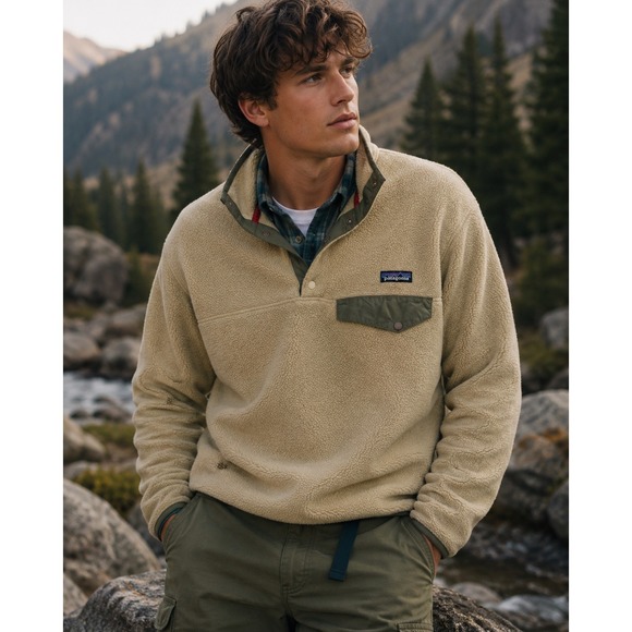 Patagonia Other - Patagonia Synchilla Snap-T Pullover Mens Small Tan Fleece Olive Green Trim 12536